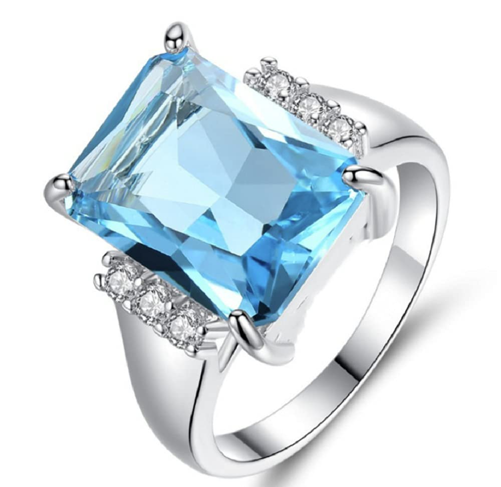 Lzz Vintage Fashion Lady 925 Silver Emerald Cut Blue Aquamarine Gemstone Ring with Diamond Ring Wedding Jewelry Size 5-11, US code 5, Zirconia,Gemstone,Silver, Cubic Zirconia