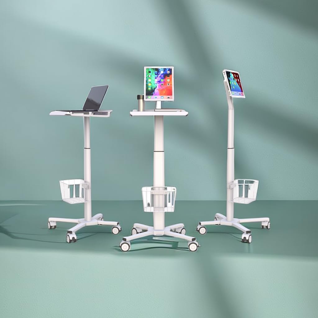 Yicorgard Medical Trolley Rolling Laptop Desk with Weels,Height Adjustable Mobile Workstation Podium Speaker Stand with iPad Holder,Basket Storage,Medical Cart for Hospital Dental Office Salon