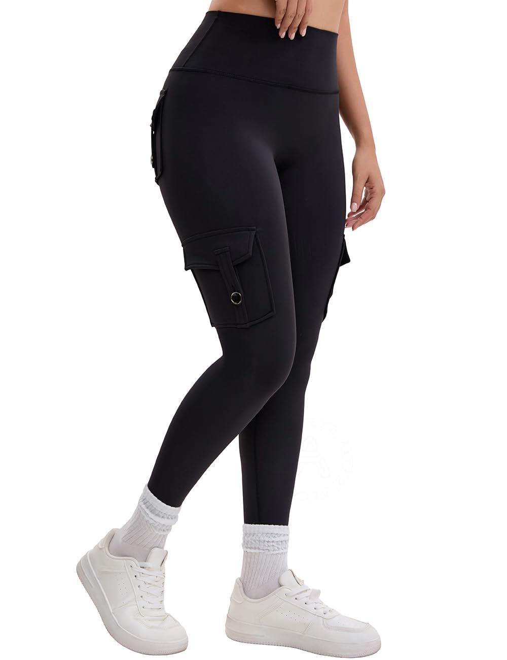 AEEZO Damen-Fleece-Cargo-Leggings mit Taschen, Thermohose, Po-Lifting, verdeckte Scrunch, für kaltes Wetter, Yogahose