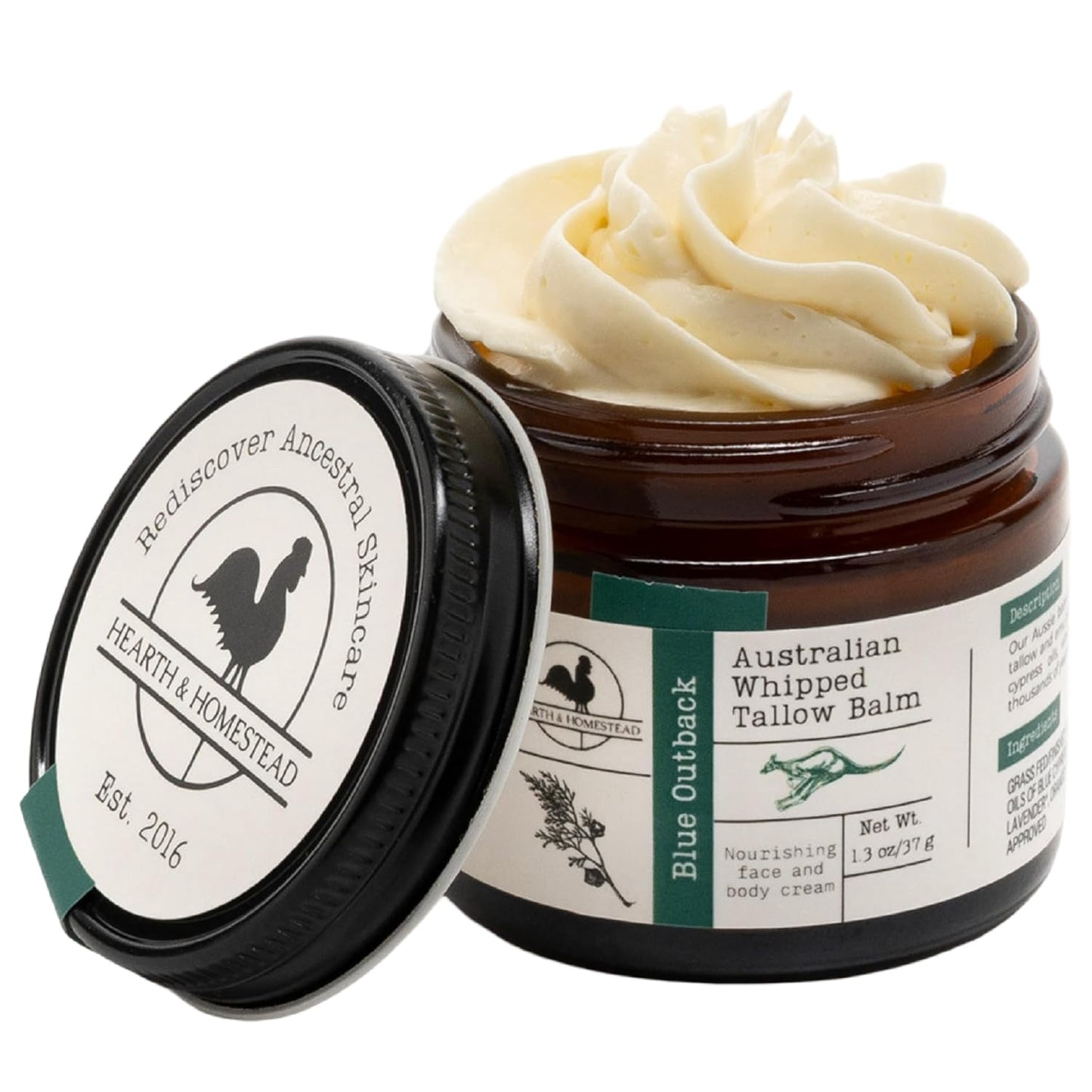 Hearth & Homestead Whipped Beef Tallow for Skin & Face - 100% Grass Fed, Eczema Cream & Body Butter - Organic Olive Oil, Calendula & Rose - Lotion & Hand Moisturizer for Dry Skin, Unscented, 1.3oz