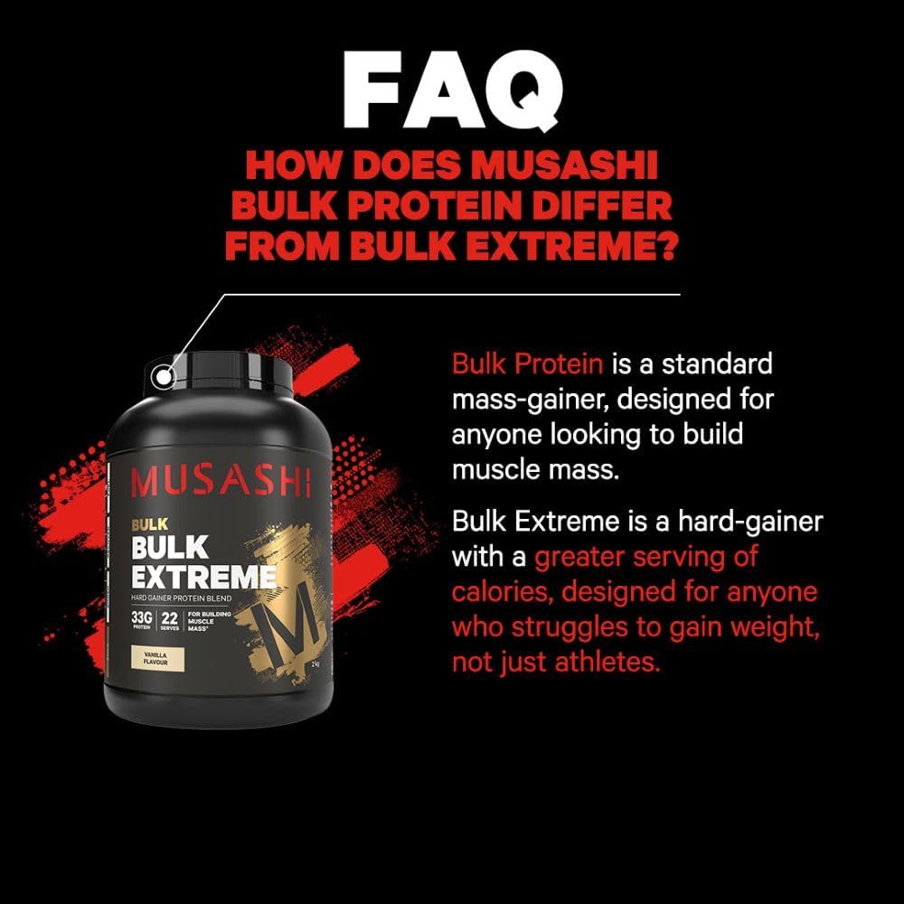 Musashi Bulk Extreme Protein Powder, Vanilla, Muscle Builder Formula, High Protein Supplement, Mass & Strength Support, Post-Workout Nutrition, 2kg