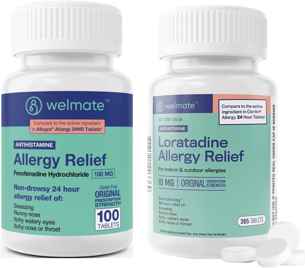WELMATE Dual Allergy Relief Bundle | Fexofenadine 180mg + Loratadine 10mg | Non-Drowsy 24 Hr Antihistamines | 200 + 365 Tablets