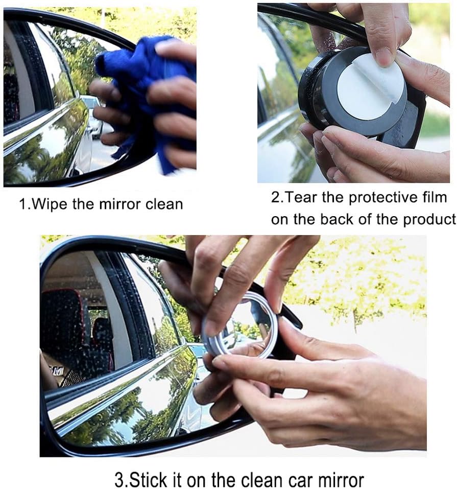 SUMAJU 2 Stück Toter-Winkel-Spiegel, 360° drehbar, rund, HD-Glas, verstellbar, zum Aufkleben, konvexer Seitenspiegel für universelle Autos (Schwarz)