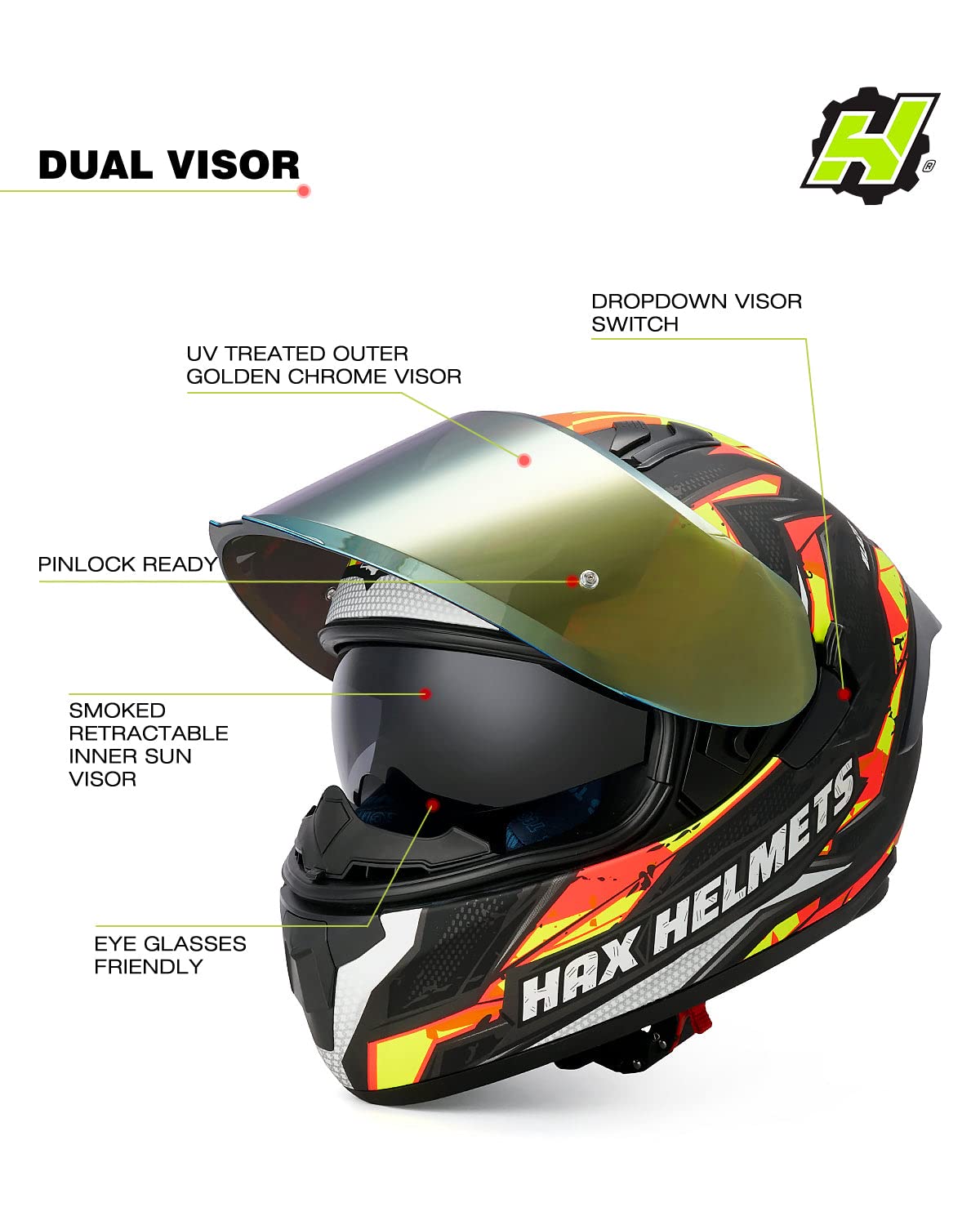 HAX Obsidian Full Face Dual Visor Adult Motorcycle Helmet for Motorbike Street Bike with Pinlock Ready DOT Approved Matte Black Gold L