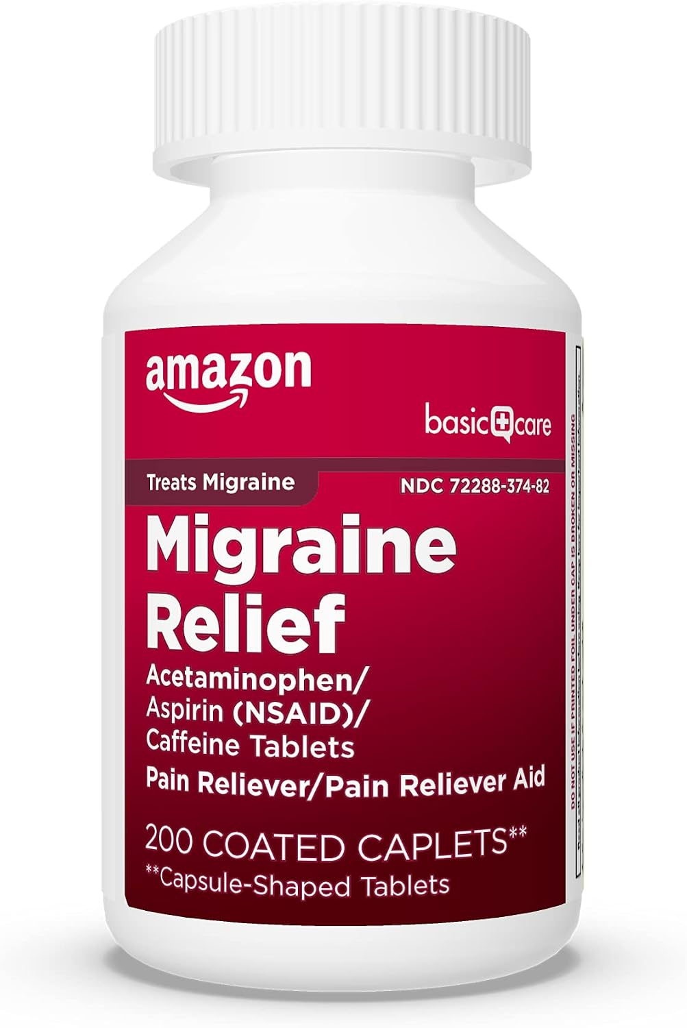 Amazon Basic Care Migraine Relief Acetaminophen, Aspirin (NSAID) and Caffeine Tablets, Pain Reliever/Pain Reliever Aid, 200 Count (Pack of 3)
