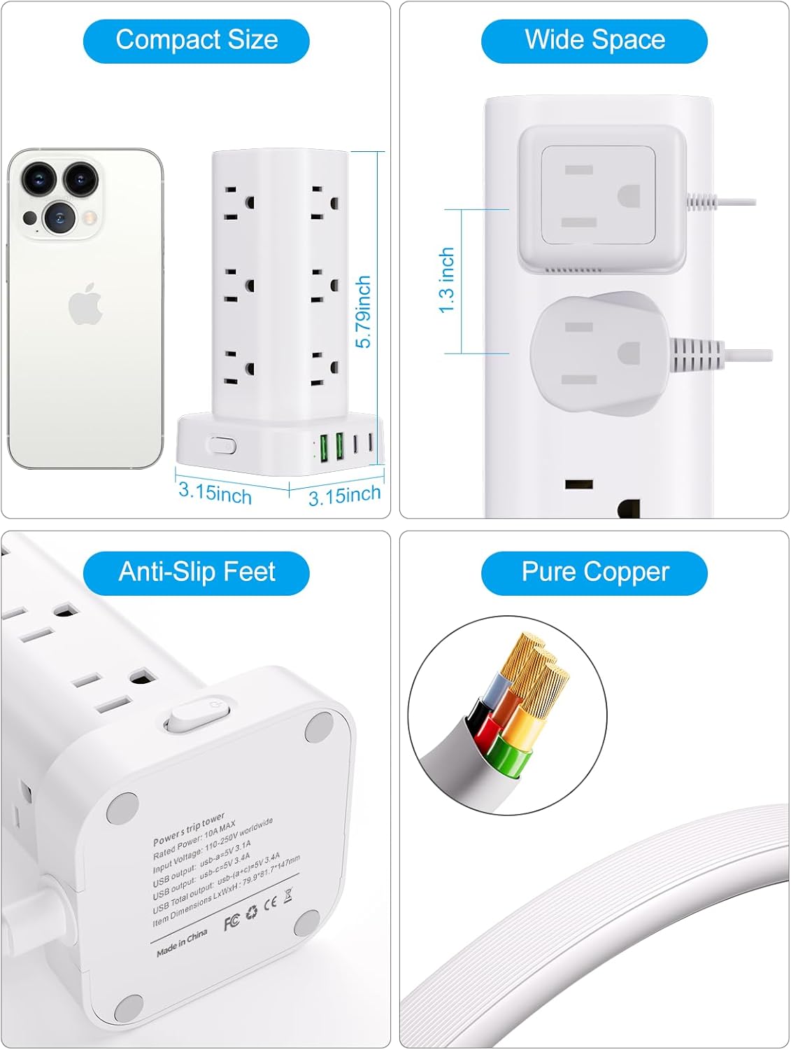 Power Strip Tower with Multiple Outlets and USB Ports