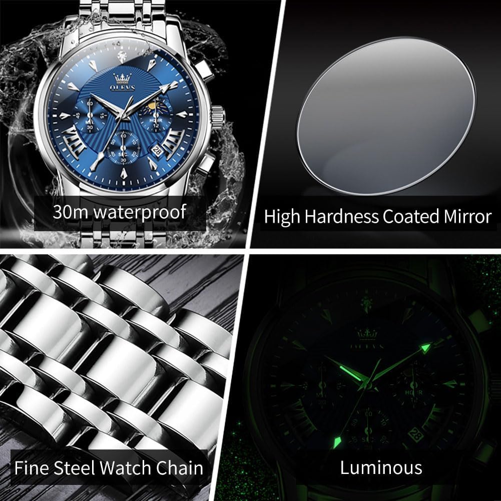 OLEVS Uhren für Herren Dresswatch mit Datumsanzeige Klassische Armbanduhren Multifunktionale leuchtende Herren Edelstahl-Armbanduhr Wasserdichter Chronograph Herren Business-Uhren