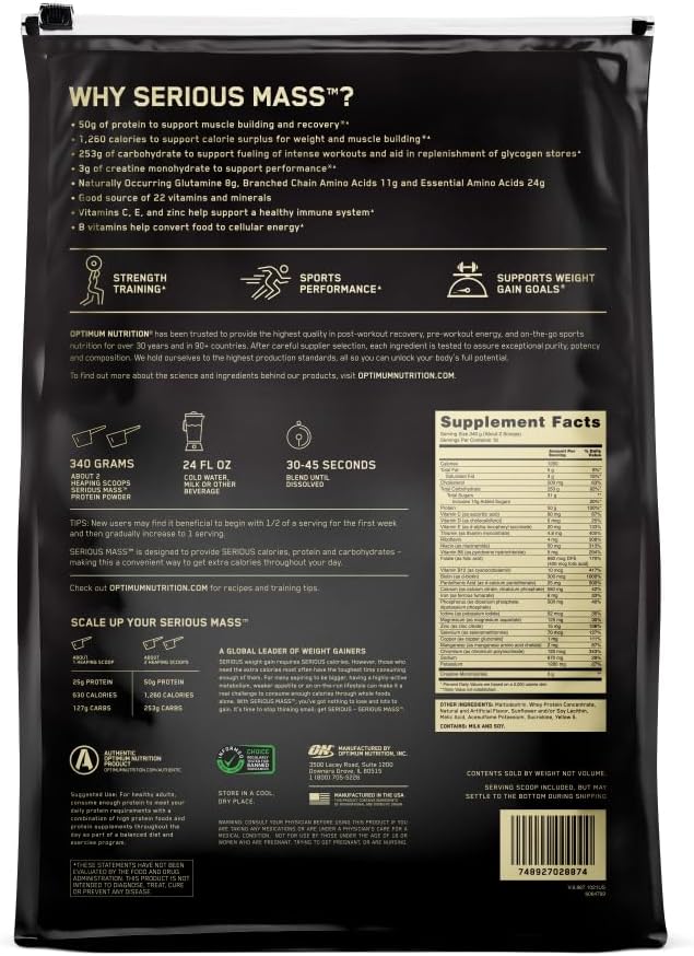Optimum Nutrition Serious Mass Gainer Protein Powder, Banana, 12 Pound