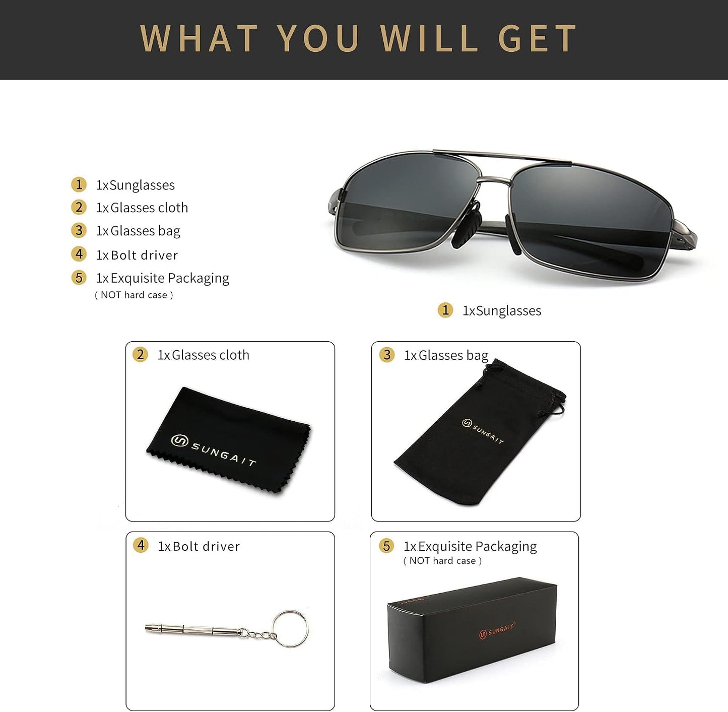 SUNGAIT Ultra Lightweight Rectangular Polarized Sunglasses