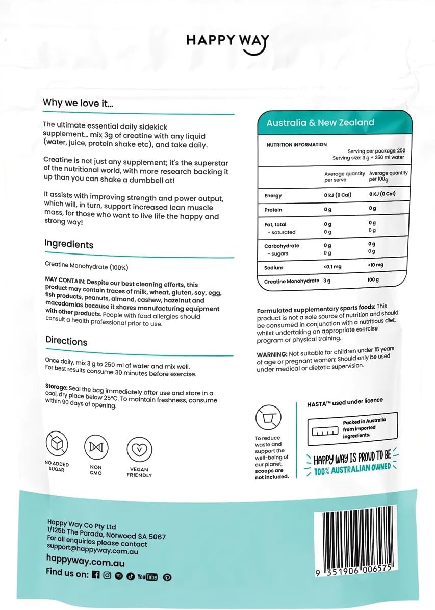 Happy Way Creatine Powder Monohydrate 750g Unflavoured Creatine Supplement High Purity Creatine Monohydrate Powder for Strength Training Fitness and Active Lifestyles
