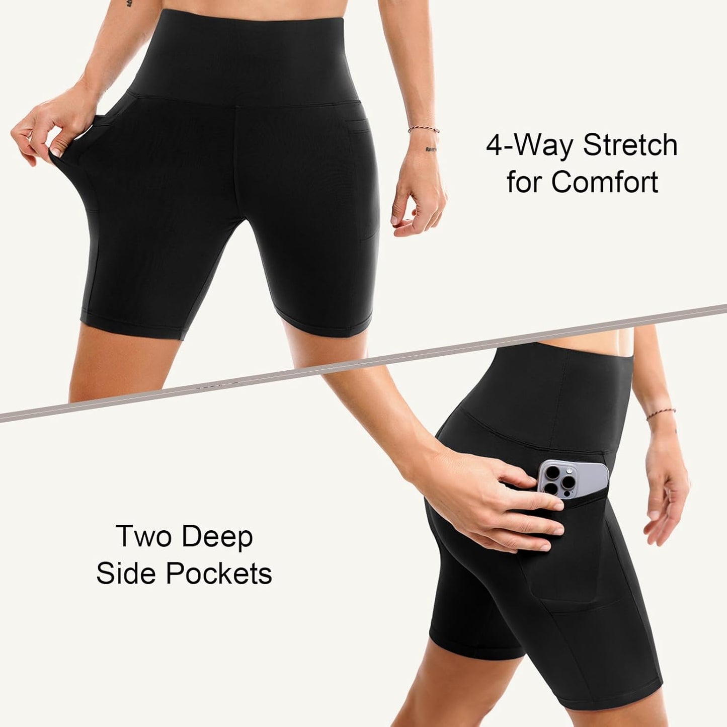 Leafigure 2er-Pack Damen Biker-Shorts mit Taschen, High Waist Bauchkontrolle Yoga-Shorts für Damen zum Laufen, Fitnessstudio und Training, Schwarz L-XL