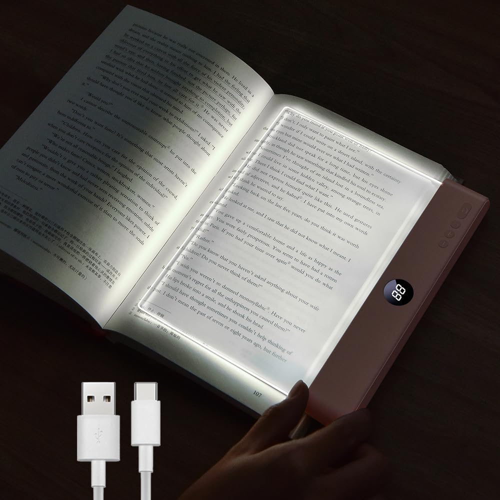 Book Light, Rechargeable Clear LED Flat Reading Light with 3 Colors & Timer, Dimmable Panel Plate Lamp Book Full Page Light for Reading in Bed at Night, Funny Gifts for Readers Kids Women Men (White)