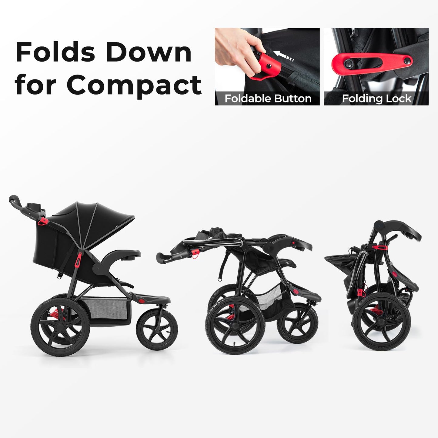INFANS Jogging Stroller, Foldable Jogger with Air-Filled Tires Shock Absorbing Suspension Adjustable Backrest, Baby Running Strollers