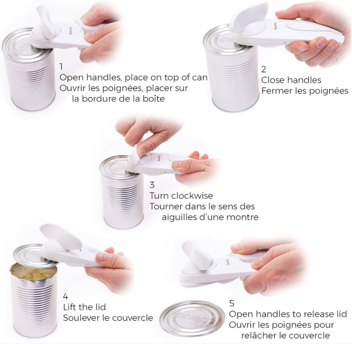 Starfrit Little Beaver Can Opener - Safe - Holds Lid and Leaves No Sharp Edges on Lid - Comfort Grip - 3-Year Warranty - White
