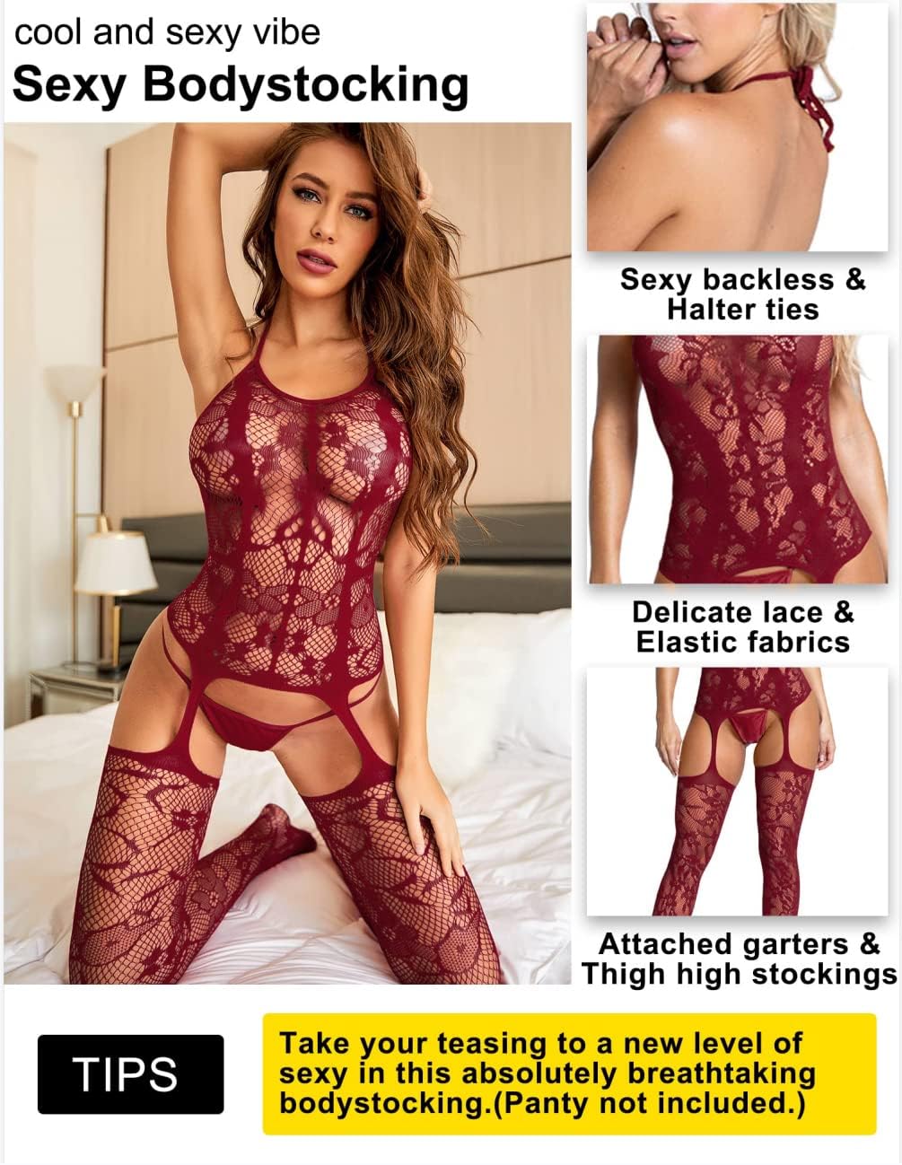 RSLOVE Damen Netz Bodystocking mit befestigten Strümpfen, sexy Dessous, offenem Schritt Body, Einteiler Babydoll, Einheitsgröße