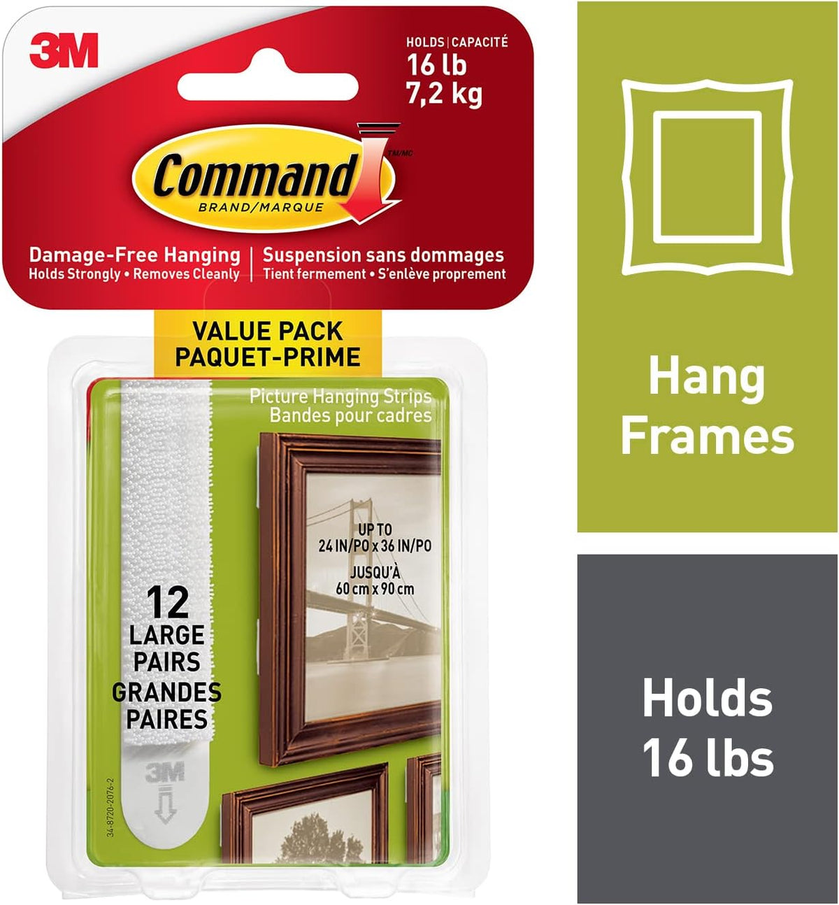 Command Large Picture Hanging Strips, Damage Free Hanging Picture Hangers, Wall Adhesives for Wall Decor, 12 White Adhesive Pairs (24 Command Strips)