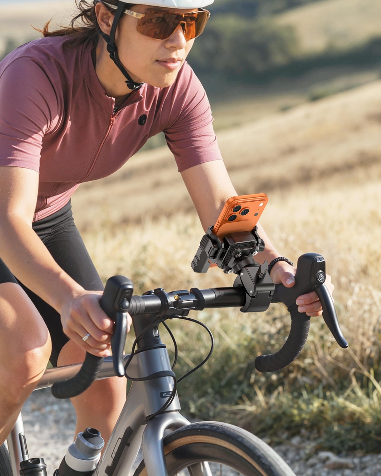 OMOTON BK01 Anti-Vibration Phone Mount, Quick Lock Shockproof Bike & Motorcycle Cell Phone Holder, Fits iPhone & Android for Riders on E-Bike, Stroller, Scooter, Fits Handlebars & Rearview Mirror