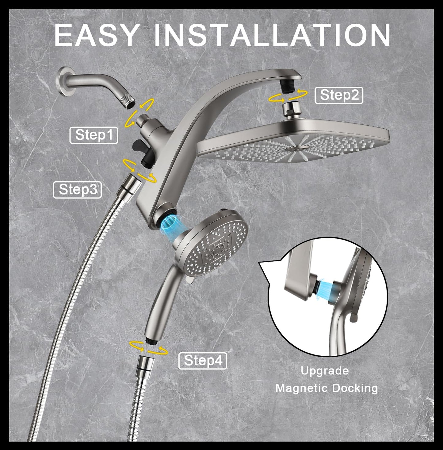 BOZYBO Rain Shower Head with Handheld: High Pressure Shower Heads with Handheld Spray Combo, 12" Rainfall Shower Head and 9 Sprays Hand Showerheads with Magnetic Docking and Power Jets, Chrome