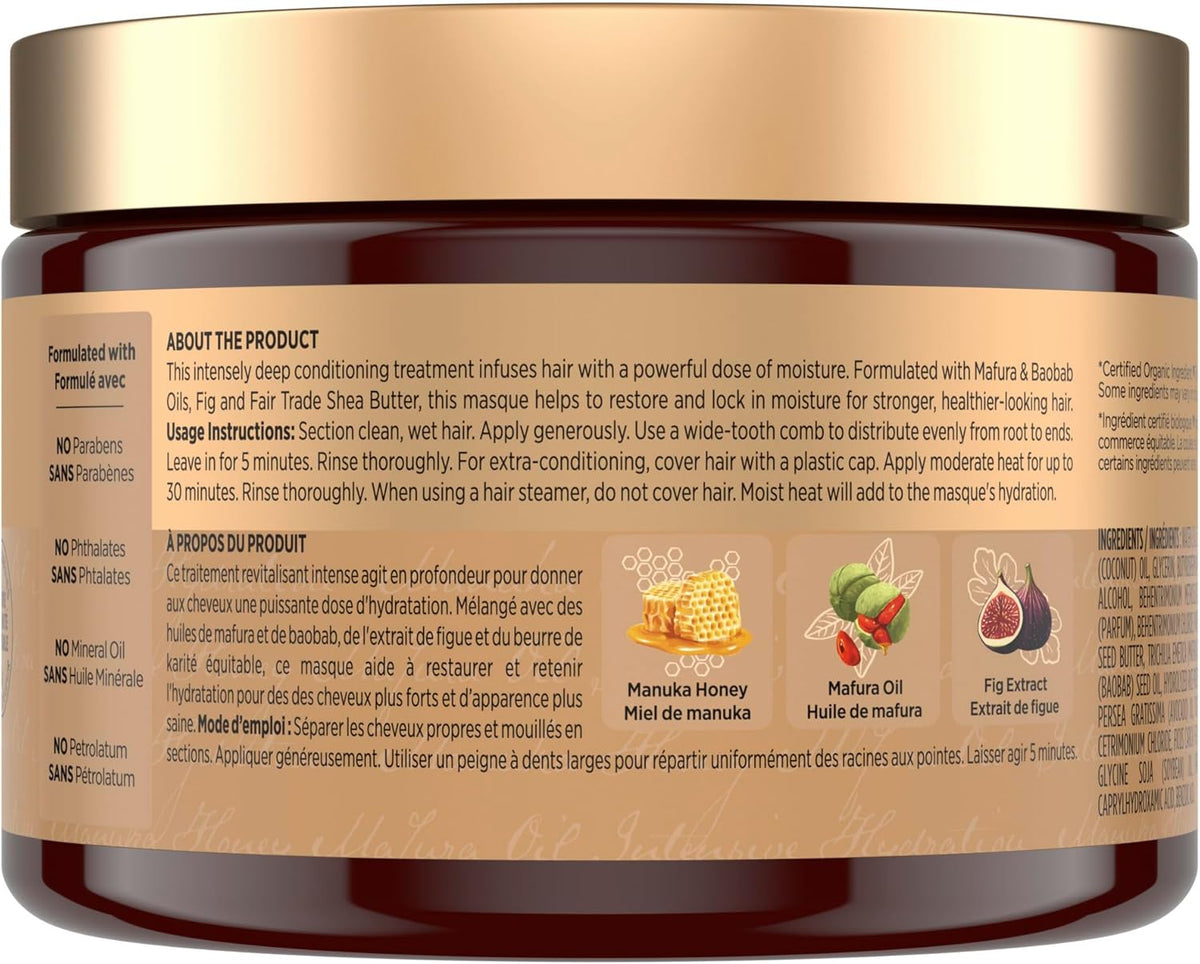 SheaMoisture Intensive Hydration Hair Masque hair treatment for dry, damaged hair Manuka Honey & Mafura Oil deep conditioning treatment with fig extract 326 g