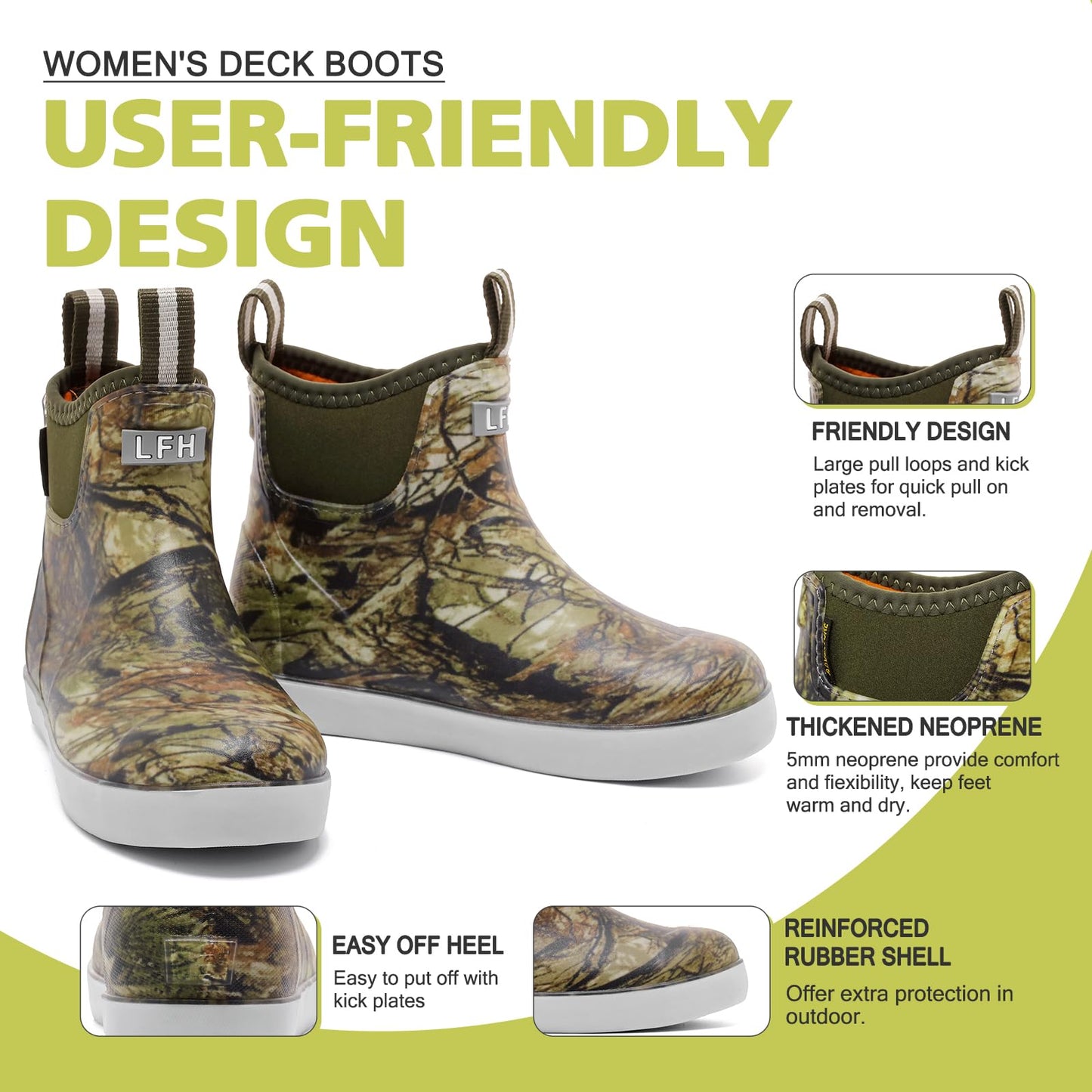 Women's Deck Boots, Waterproof Ankle Rain Boots with Anti-Slip Traction, Rubber Garden & Fishing Boots for Boating, Camping, Farming & Outdoor Work