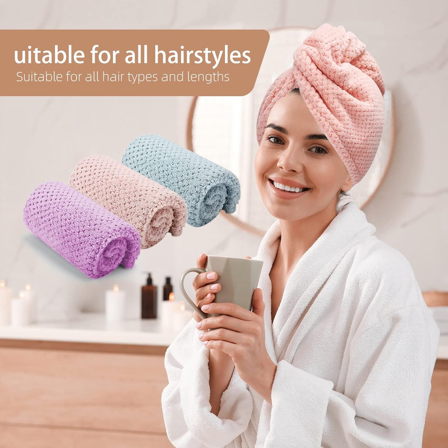 3er-Pack Mikrofaser-Haartuch, Haarturbane für nasse Haare, schnell trocknend, Anti-Frizz-Handtuchwickel für lockiges Haar (Beige, Khaki, Grau)
