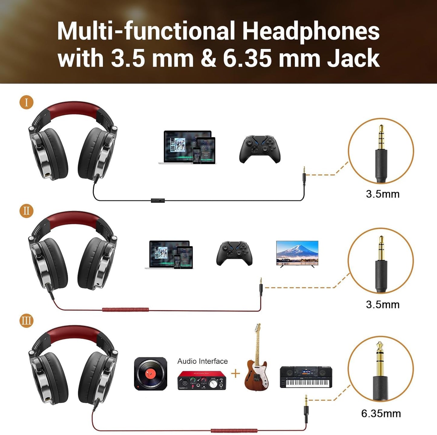 OneOdio Pro-10 Over-Ear Kabelkopfhörer für Schule Studio-Monitor & Mixing DJ Stereo-Headsets, 50mm Neodym-Treiber, Inline-Mikrofon, 3,5mm/6,35mm Klinke für Verstärker Computer Aufnahme Telefon Klavier Gitarre