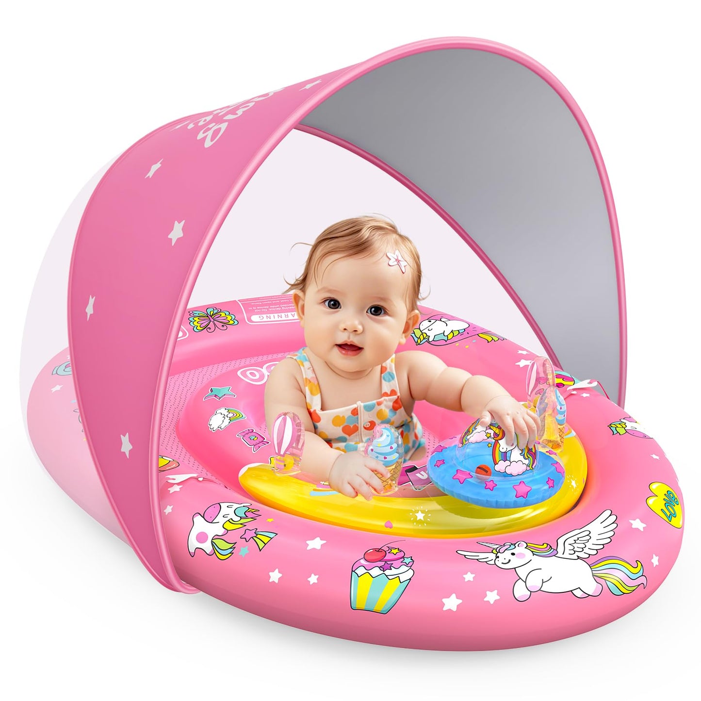 EZIGO Baby Pool Float with Canopy UPF50+ Sun Protection, Inflatable Kids Pool Floats with Ocean Animal Toys for Baby 6-36 Months, Infant Swimming Float with Adjustable Safety Seat for Boys Girls