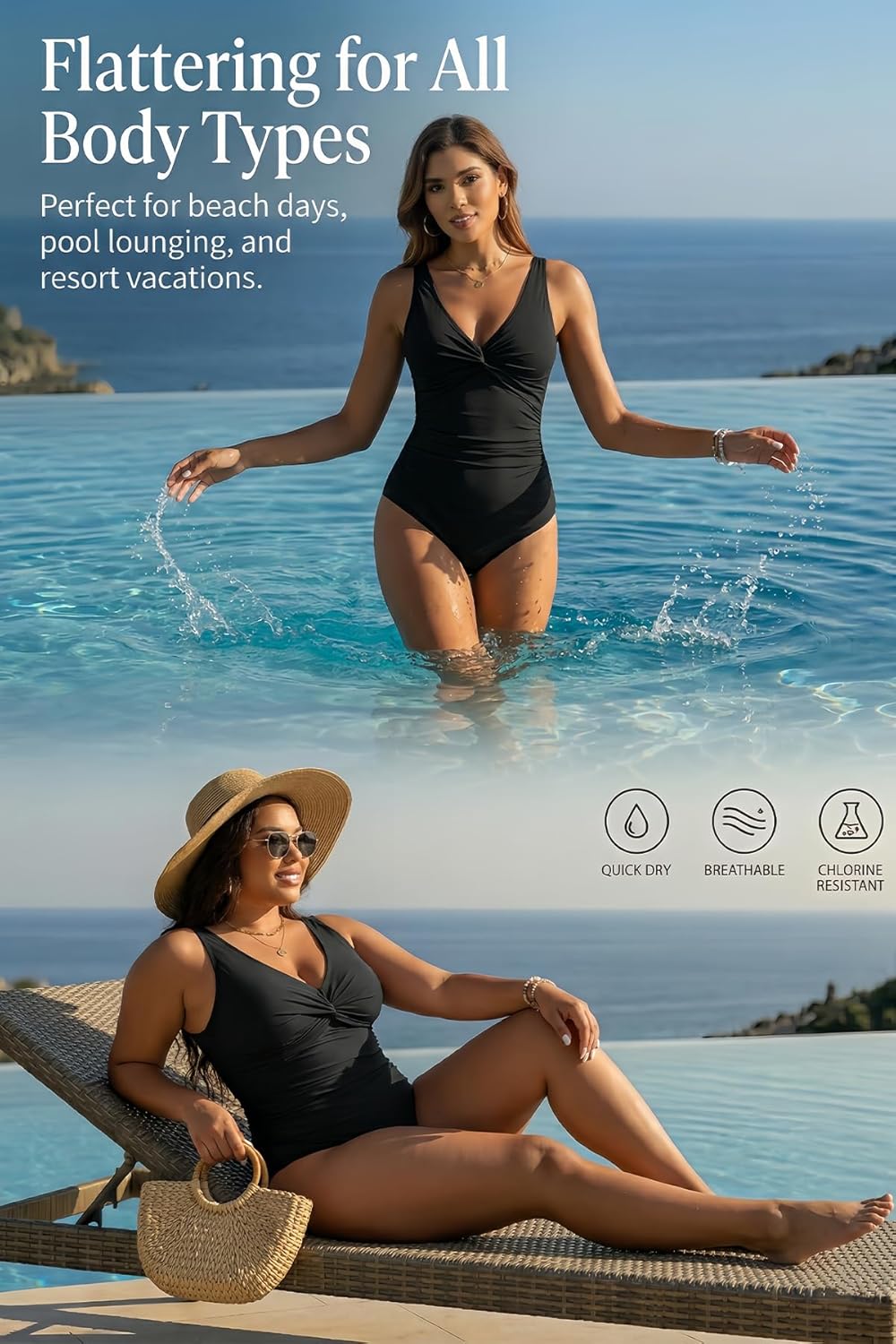 Holipick Black Women Tummy Control One Piece Swimsuit