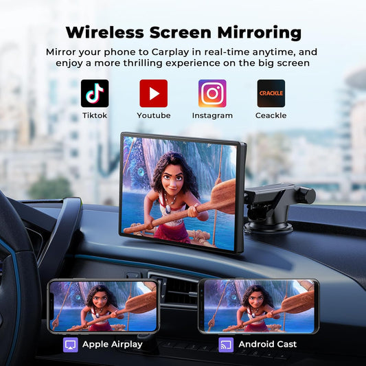 Volam 9'' Apple Carplay Screen for Car, Compatible with Apple Carplay & Android Auto, Portable Carplay Screen with Backup Camera, Mirror Link,Bluetooth, GPS Navigation,Voice Assistant
