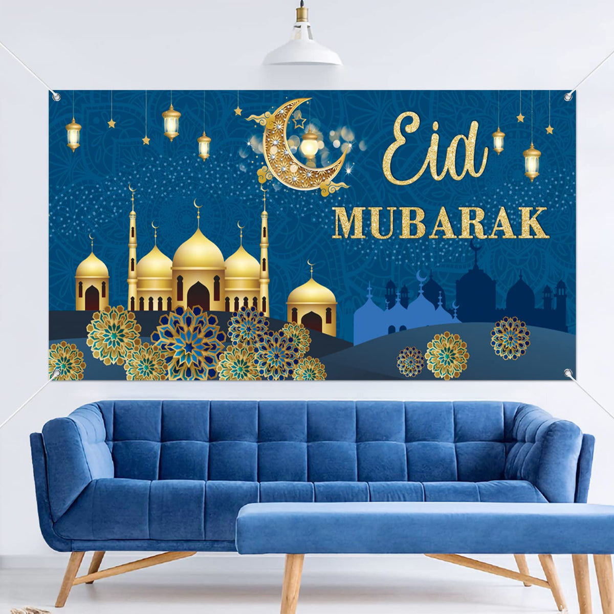 PARSUP Eid Blue Banner, Geometric Pattern, 78 x 43INCH, Wall Mount, Muslim Ramadan Party Supplies
