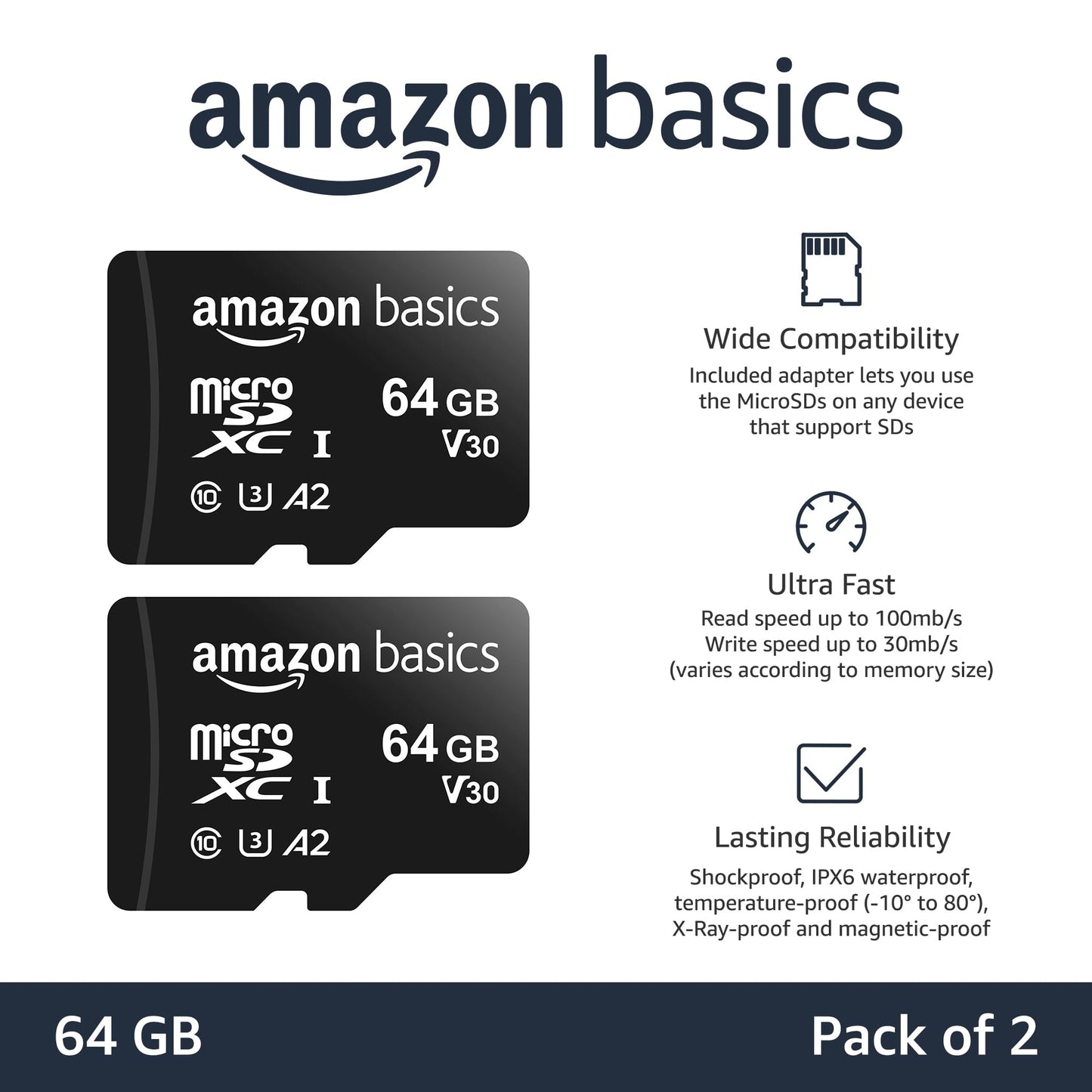 Amazon Basics microSDXC Speicherkarte mit Full-Size Adapter, A2, U3, Lesegeschwindigkeit bis zu 100 MB/s, 128 GB, Schwarz