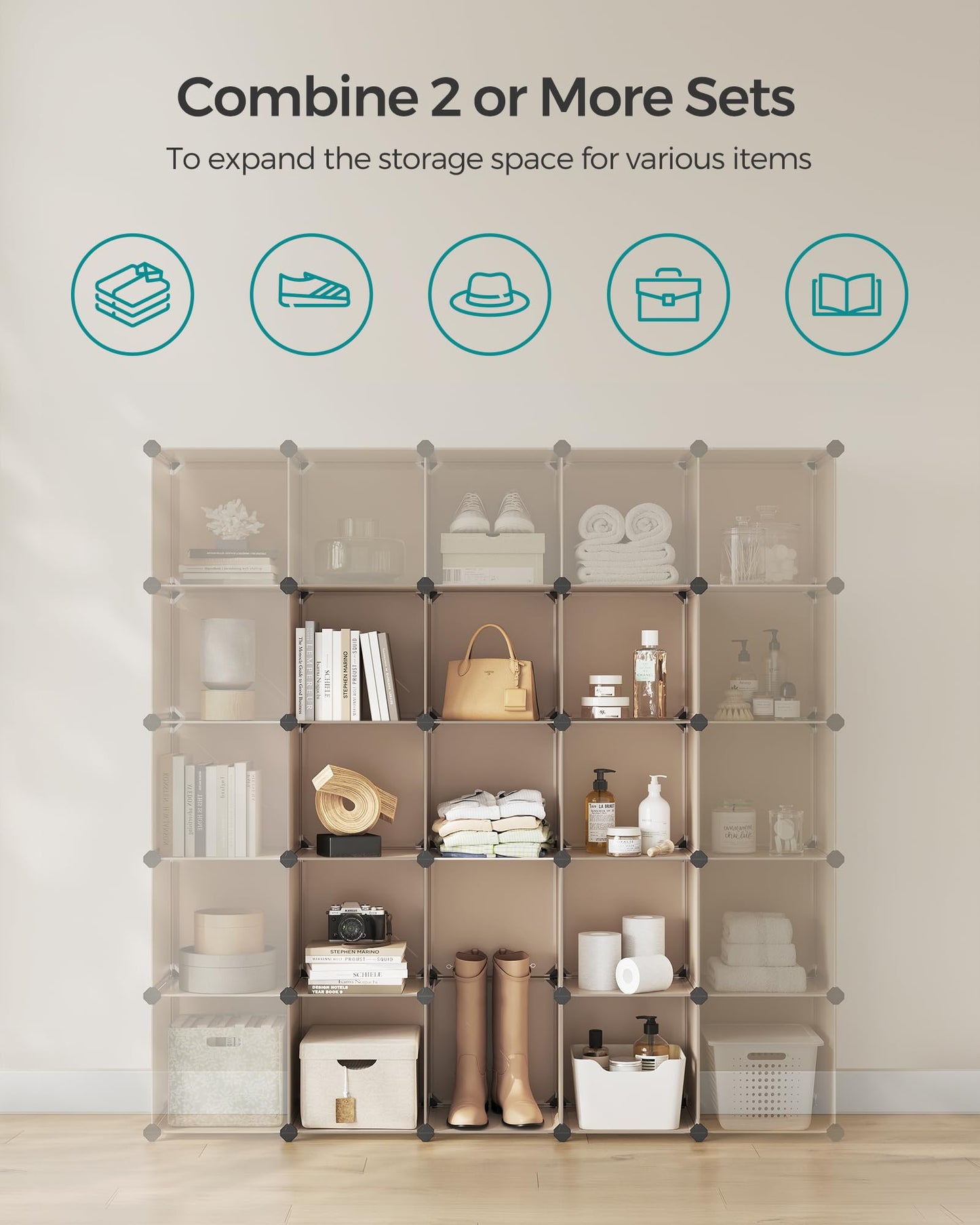 SONGMICS Cube Storage Organizer, Set of 16 Plastic Cubes, Closet Organizers and Storage, Room Organization, Bedroom Living Room, 12.2 x 48.4 x 48.4 Inches, Rustic Brown ULPC442A01