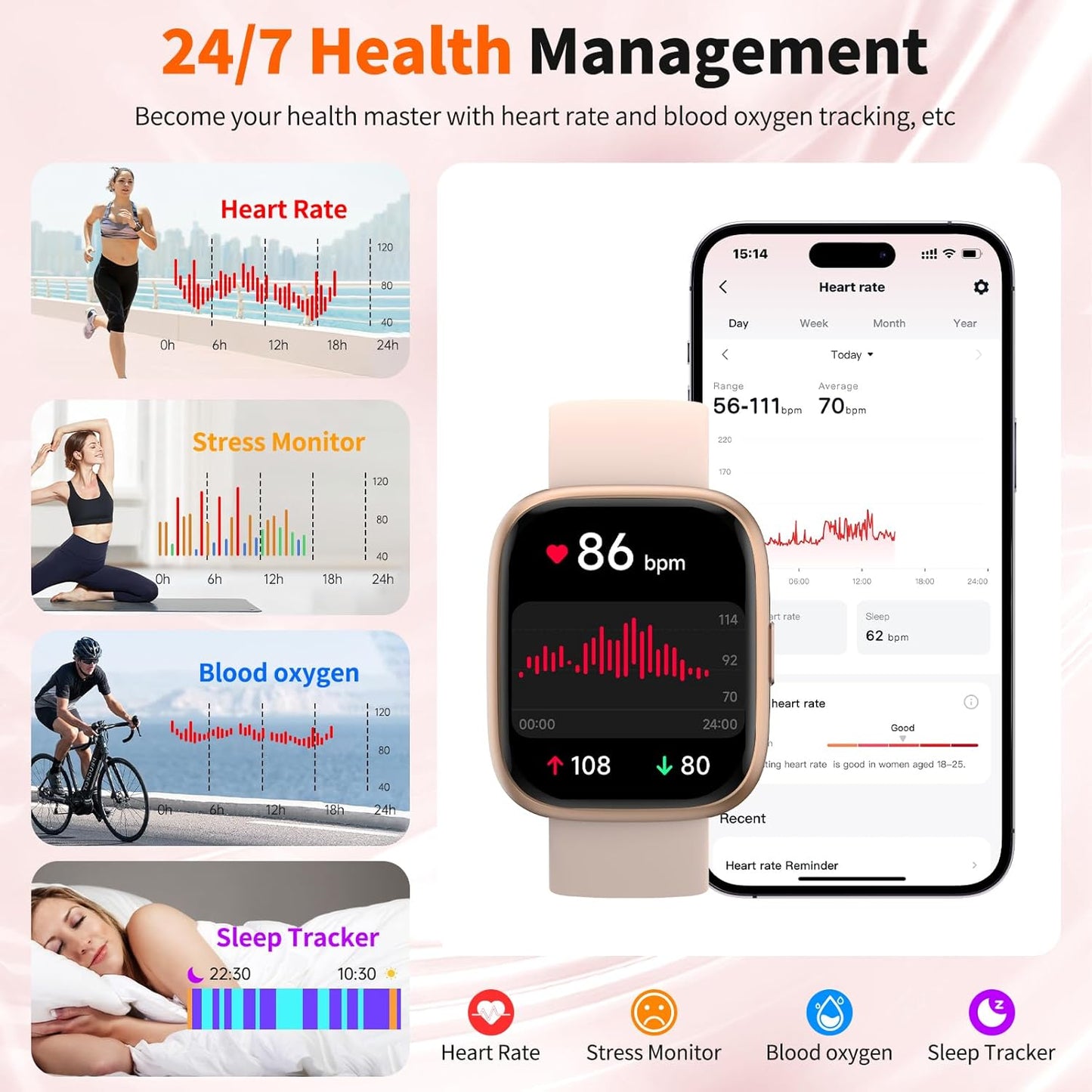 Smartwatch Damen Herren, 1.83" HD, Alexa Integriert, Bluetooth 5.3 Anrufe & Nachrichten, IP68 Wasserdicht, 100+ Sportmodi, Fitness Tracker/Herzfrequenz/SpO2/Schlafmonitor für Android iOS (Rosa)
