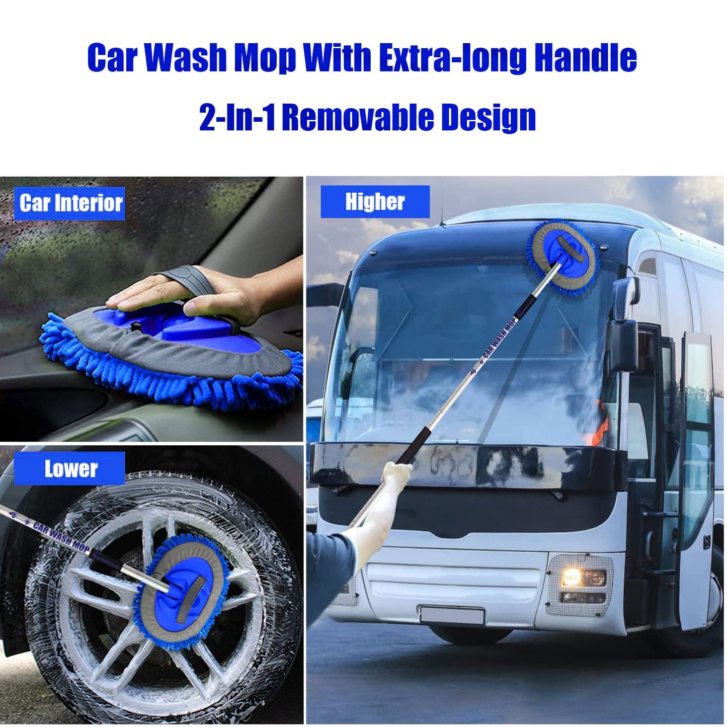 GreatCool 62" Autowaschbürsten-Mopp-Set mit langem Stiel, 2-in-1 Chenille-Mikrofaser-Schwamm-Waschhandschuh zur Reinigung und Pflege, Staubwedel zum Waschen von Autos, LKW, SUV, Wohnmobilen und für den Haushalt (2 x Moppkopf)