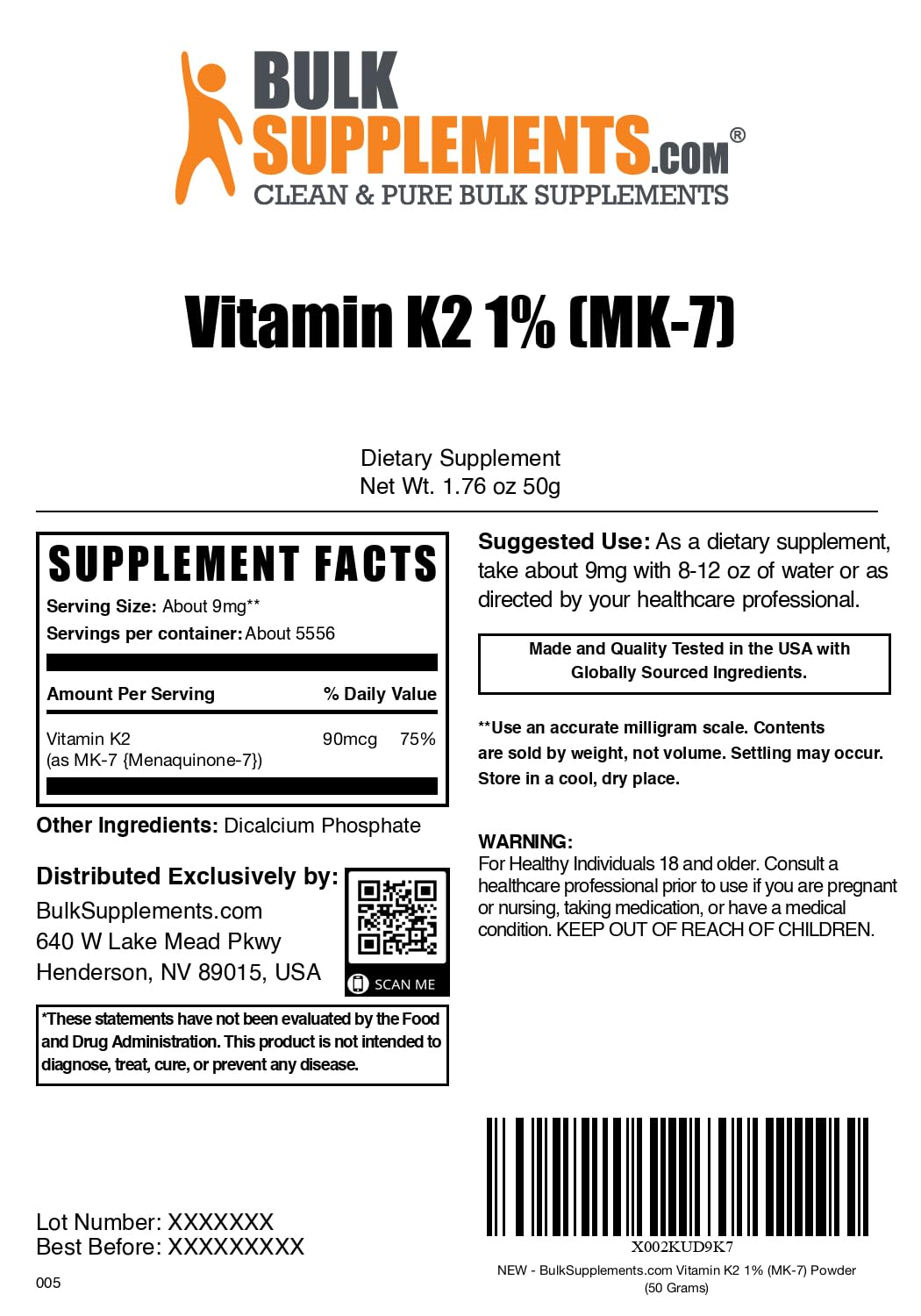 BulkSupplements.com Vitamin K2 Powder - Vitamin K2 MK-7, as Menaquinone Powder - K2 Vitamin Supplement for Wellness, Gluten Free, 9mg per Serving, 500g (1.1 lbs) (Pack of 1)