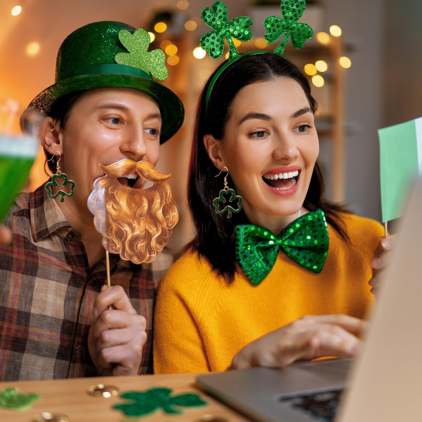 Prstvil St. Patricks Day Ohrringe, grüne Kleeblatt-Ohrringe für Damen, St. Patrick's Day Accessoires Glücksbringer Creolen (Grün-2)