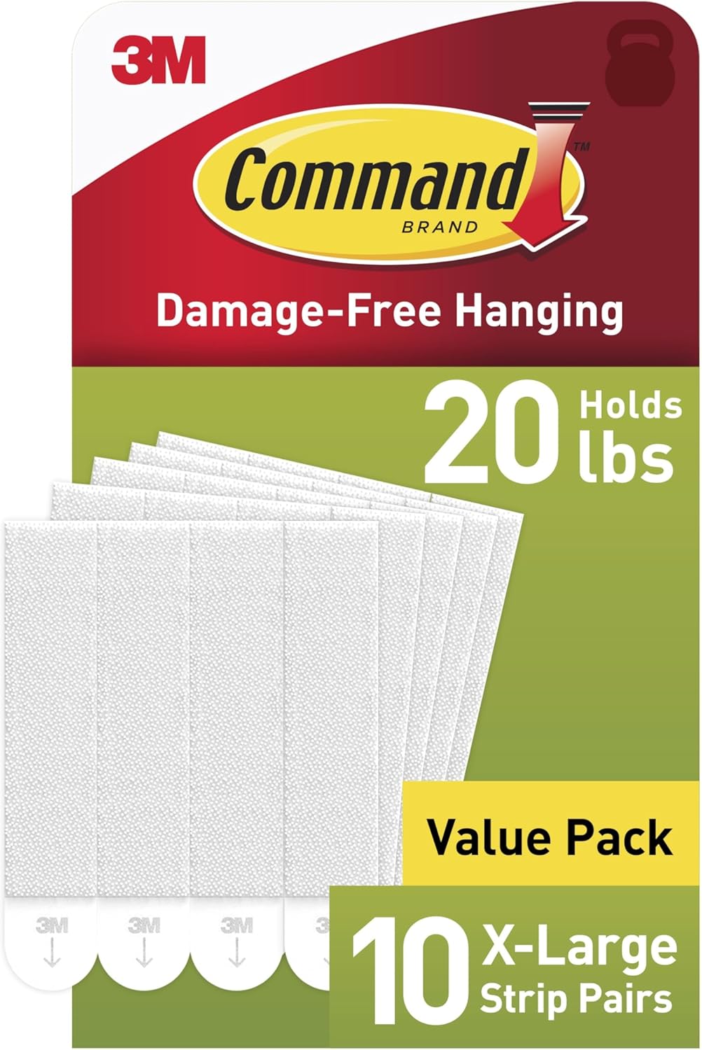 Command 20 Lb XL Heavyweight Picture Hanging Strips, Damage Free Hanging Picture Hangers, Heavy Duty Wall Hanging Strips for Back to School Dorm Organization, 10 White Adhesive Strip Pairs