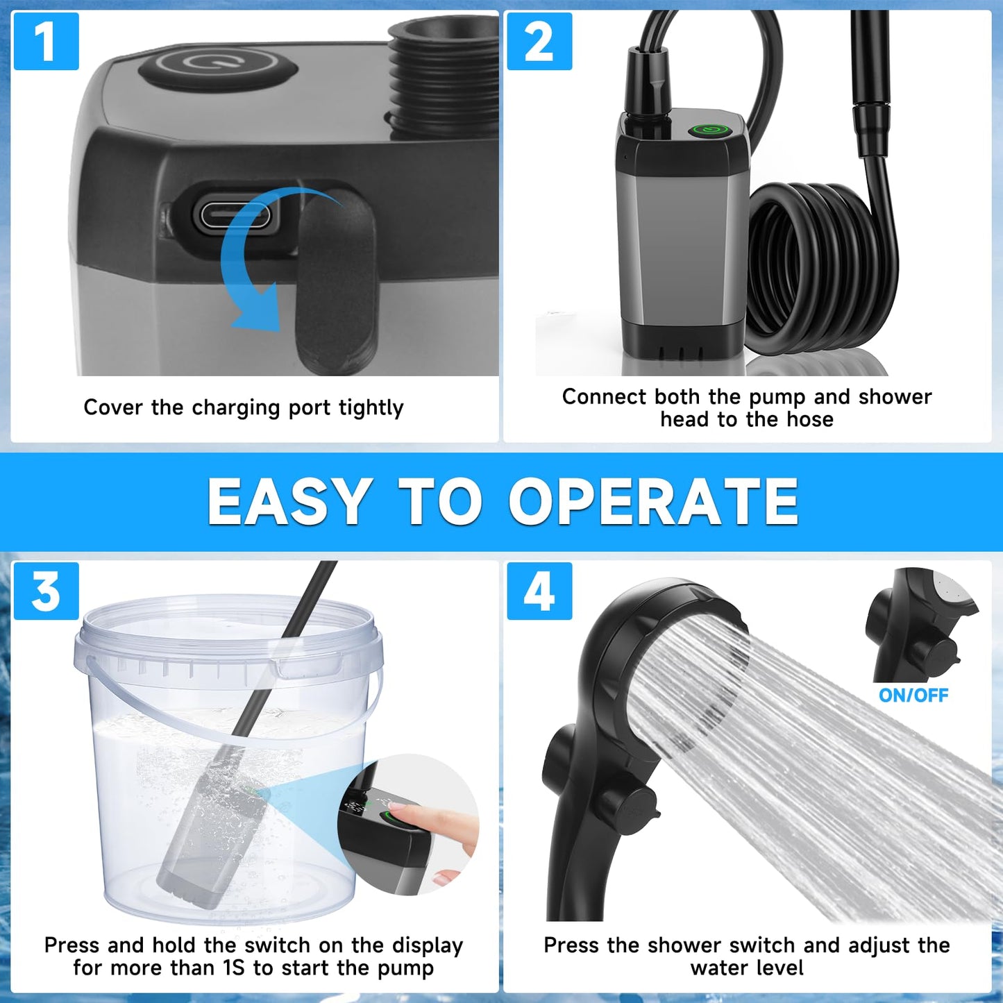 vignuto Portable Shower for Camping, Rechargeable Camping Shower Pump with LED Display of Battery Level and Temperature