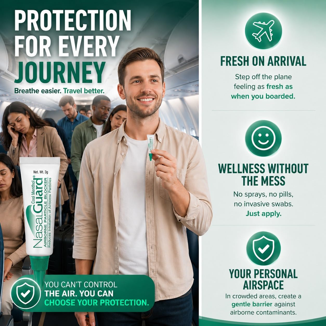 for Air Travelers | Cabin Air Protection Gel | Helps Block Dust, Mold & Airborne Contaminants | Drug-Free, Applied Around Nose | TSA Friendly | 150+ Uses (Unscented, 10g, Pack of 6)