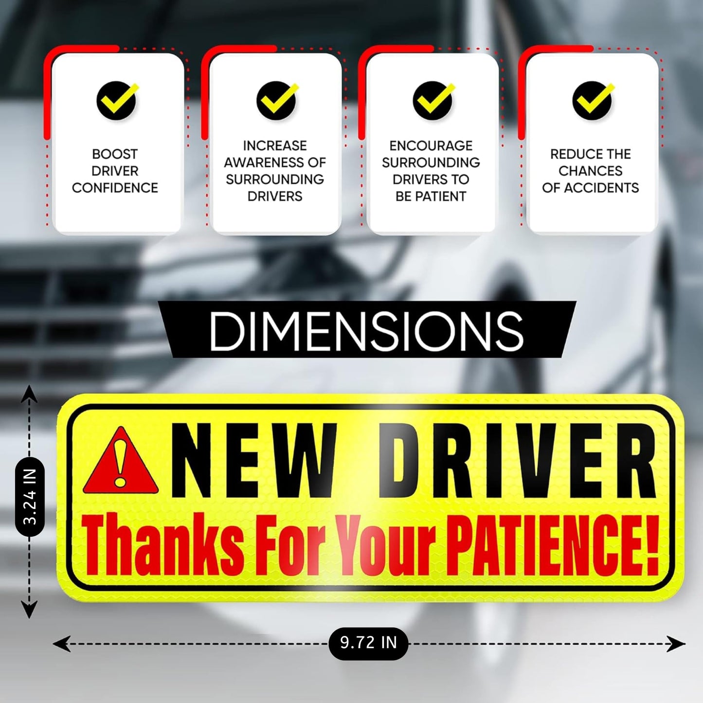 Fahranfänger-Magnet für das Auto – extra starker Halt – 24,7 cm x 8,2 cm – 3er-Pack – wichtige magnetische Fahranfänger-Aufkleber/Schilder – erinnert andere, bitte geduldig zu sein – helles und reflektierendes Schild für Fahranfänger