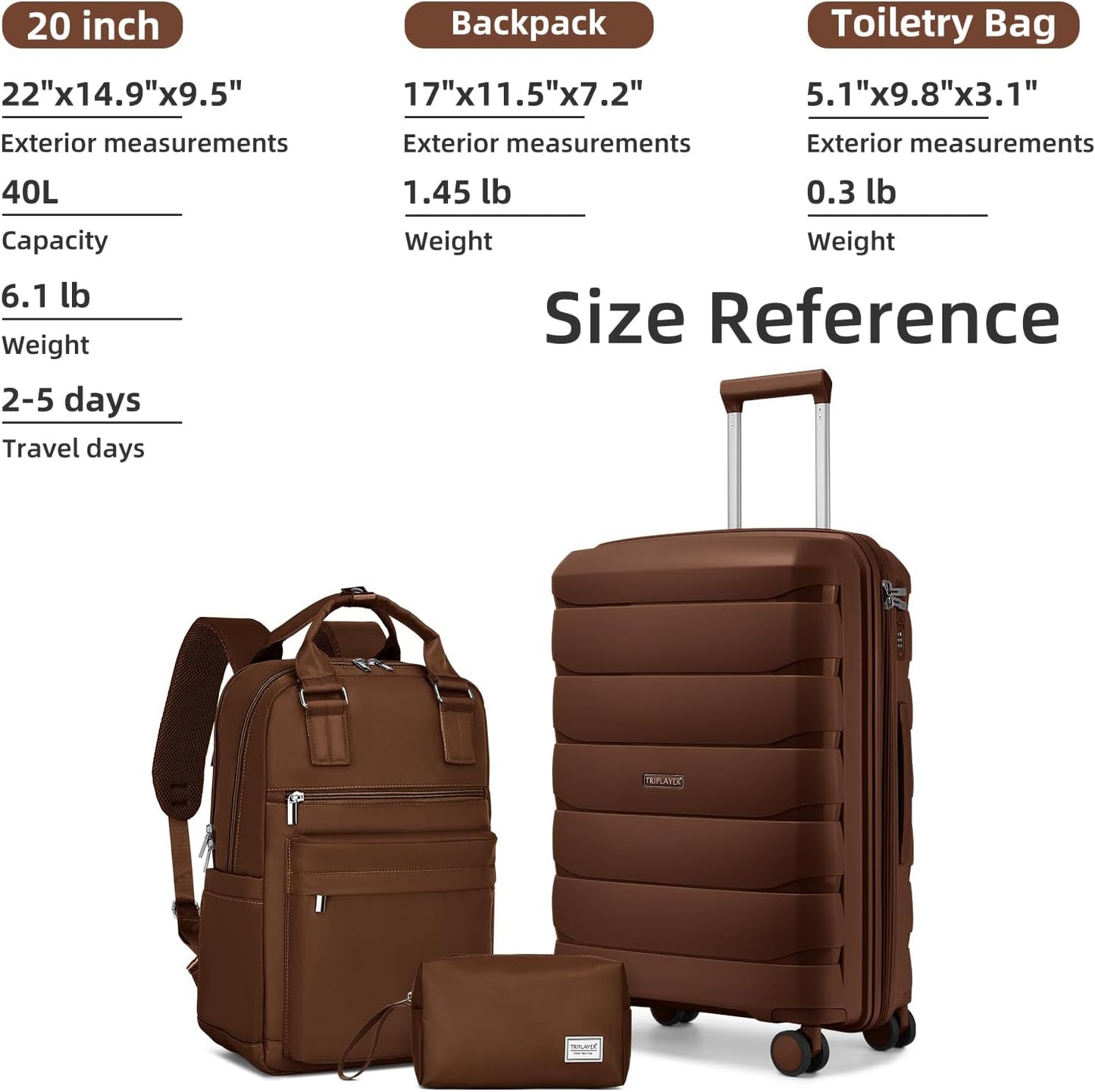 Mocha Magic: TRIPLAYER's 22 Inch Carry On Luggage Set