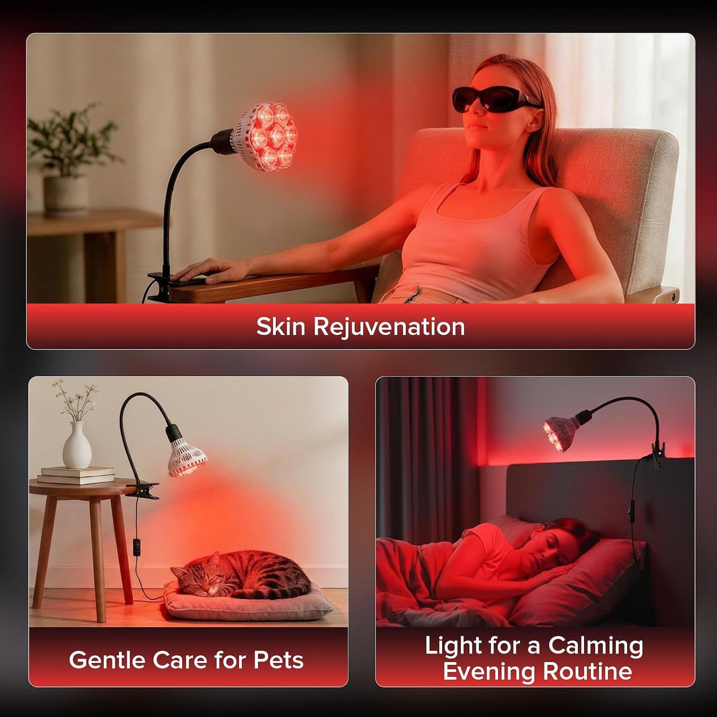 SANSI 25W 670nm Red Light Bulb for Sleep Therapy, Zero Blue Light for Melatonin Promoting Natural Sleep Aid + 32W 660nm 850nm Red Light Therapy for Body Face with Clip