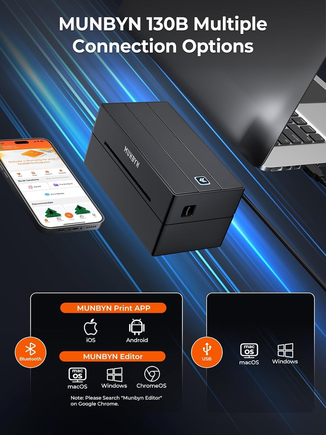 MUNBYN Bluetooth Thermodrucker für Versandetiketten, 130B Kabelloser 4x6 Etikettendrucker für kleine Unternehmen und Büros, kompatibel mit iPhone, Android, iPad, Windows, macOS, Canada Post, UPS, Purolator (Weiß)