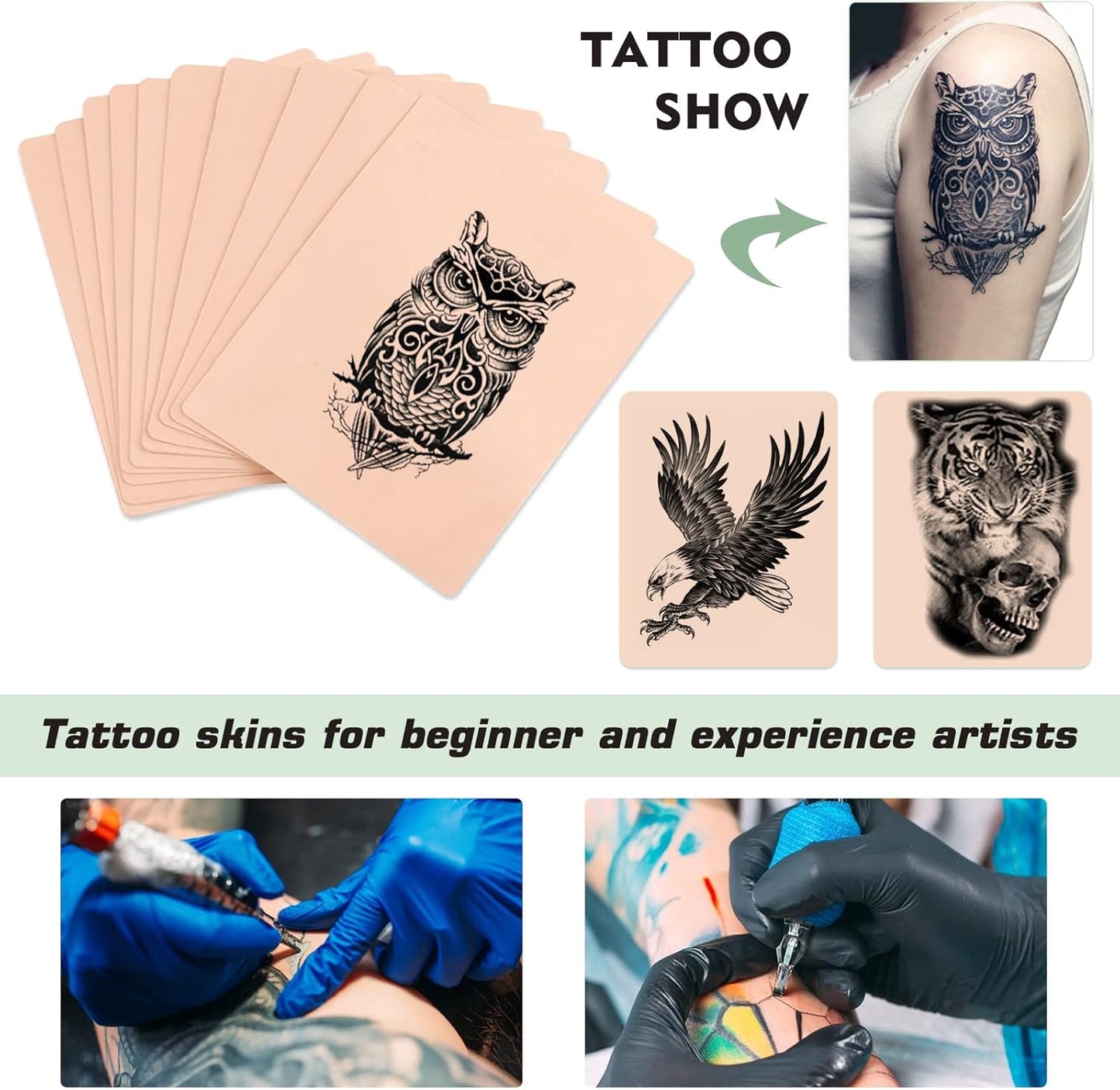 Rayyl Tattoo Übungshaut mit Transferpapier – 20-teiliges Tattoo Übungshaut und Schablonenpapier Set, inklusive 5 Stück Tattoo Übungshaut und 15 Stück Tattoo Transferpapier für Anfänger & erfahrene Künstler Tattoo Zubehör