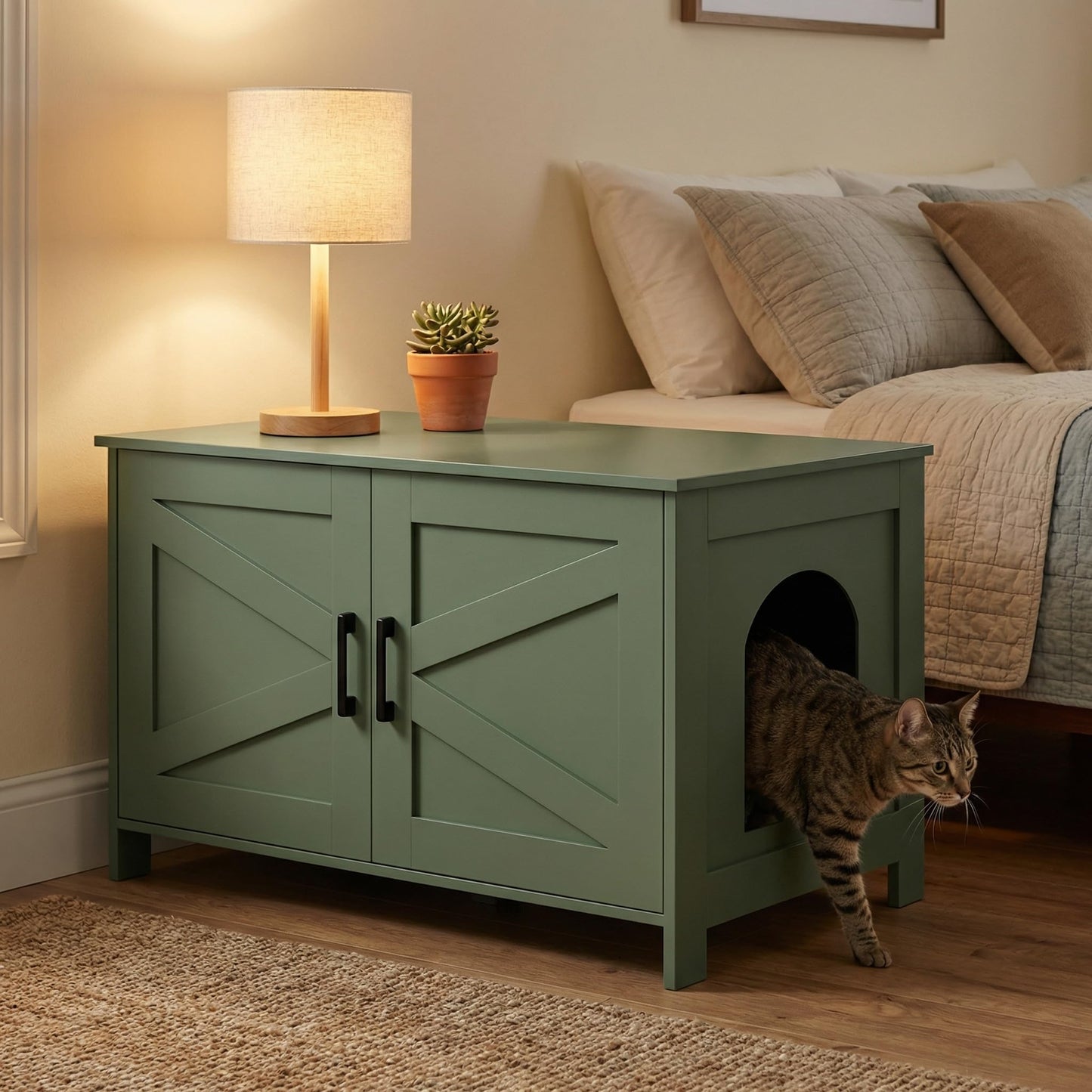 Homhedy Cat Litter Box Enclosure, Wooden Cat Washroom Furniture with Barn Door, Pet House, Fit Most of Litter Box, White