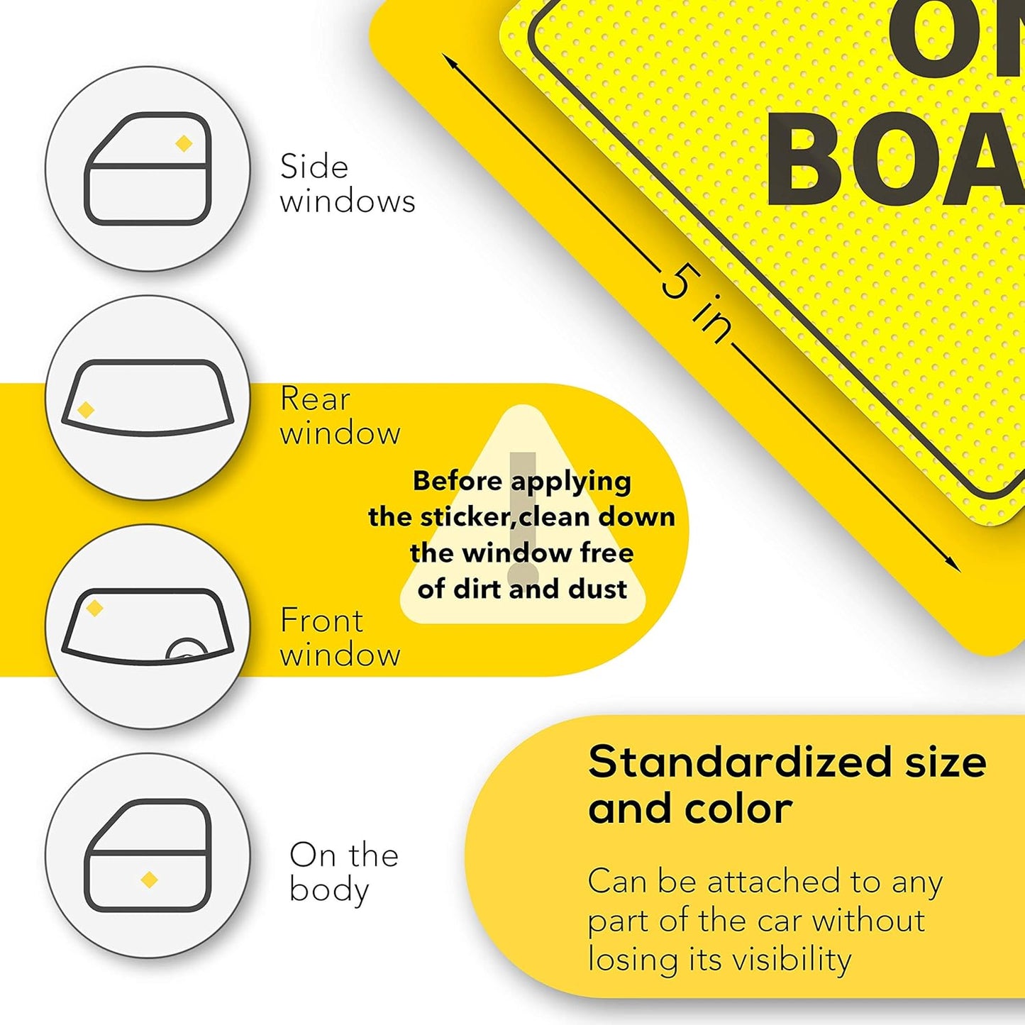 Baby On Board Aufkleber – Unverzichtbar für Autos – 12,7 x 12,7 cm – 2er-Pack – leuchtendes Gelb und DURCHSICHTIG beim Rückwärtsfahren – die besten Sicherheitsschilder für Ihre Kinder – nicht magnetischer Aufkleber – langlebig und stark haftend