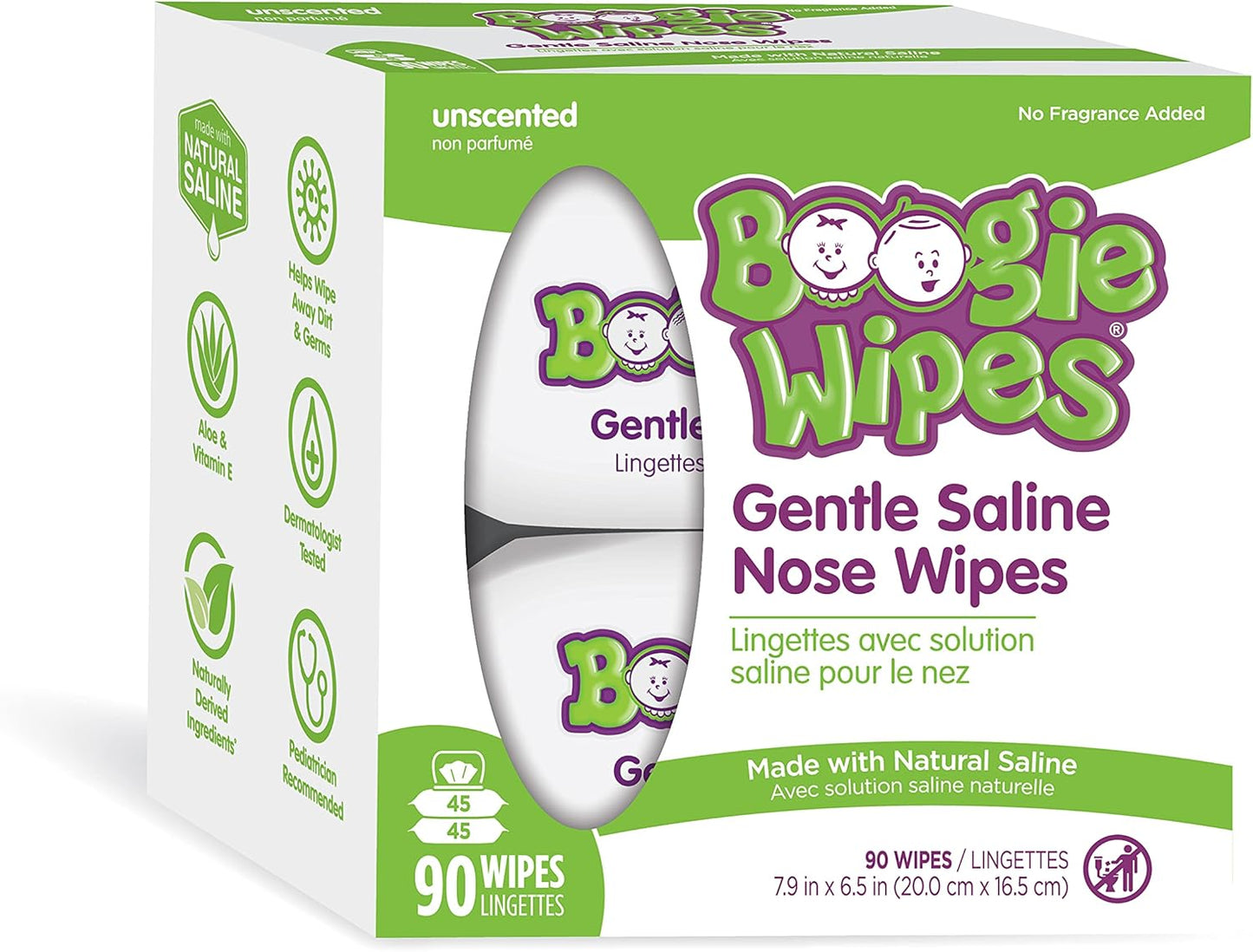 Boogie Wipes Natural Saline Nose Wipes for Kids and Babies, Unscented, 90-Count