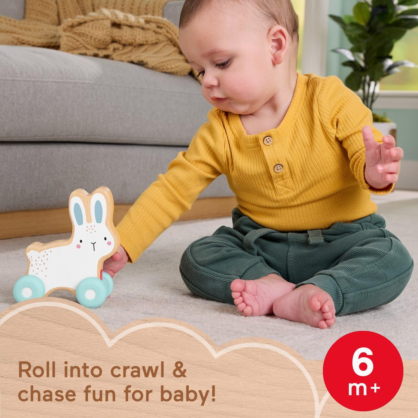 Fisher-Price Babyspielzeug aus Holz zum Schieben, Hase, Holzfahrzeug für Krabbel- und Entwicklungsspiele für Babys ab 6 Monaten