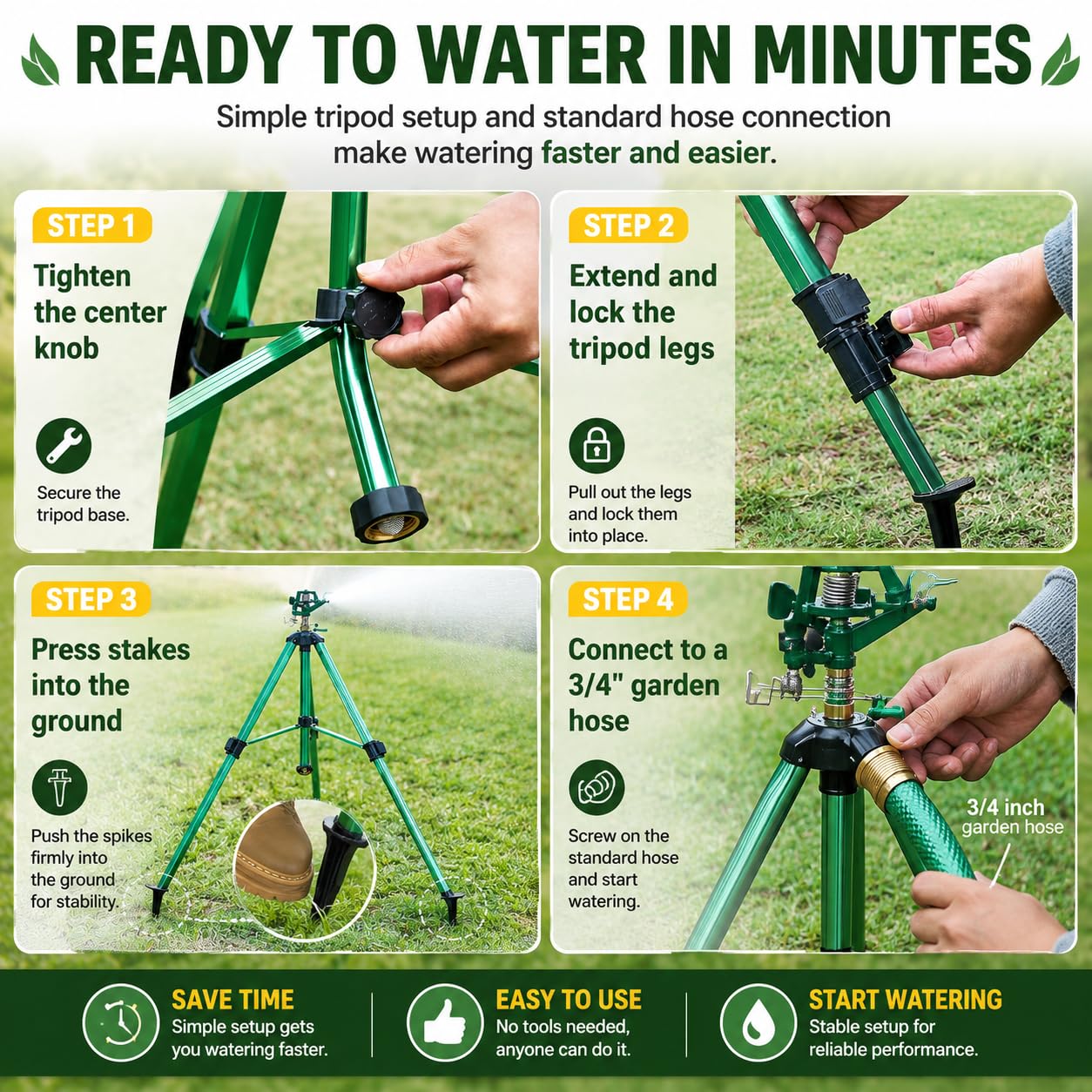 Sprinklers for Yard, Up to 50% Larger Watering Coverage, 2026 Heavy-Duty Impact Lawn Sprinkler on Spike Tripod Base with 360° Large Area Irrigation, Adjustable Extension Legs for Garden Lawn, Green