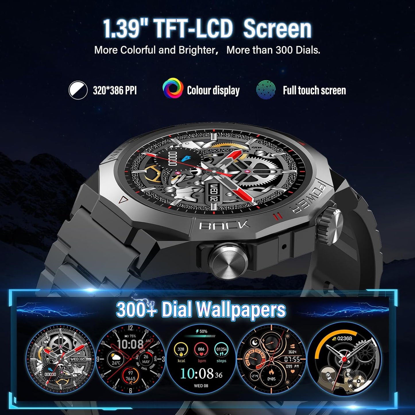 Militärische Smartwatch für Herren (Anrufe entgegennehmen/tätigen), 1,39 Zoll HD-Touchscreen Fitness Tracker mit Schlaf-/Herzfrequenz-/Blutsauerstoffüberwachung, 110+ Sportmodi, IP68 Wasserdichte Smartwatch für iPhone Android, Schwarz